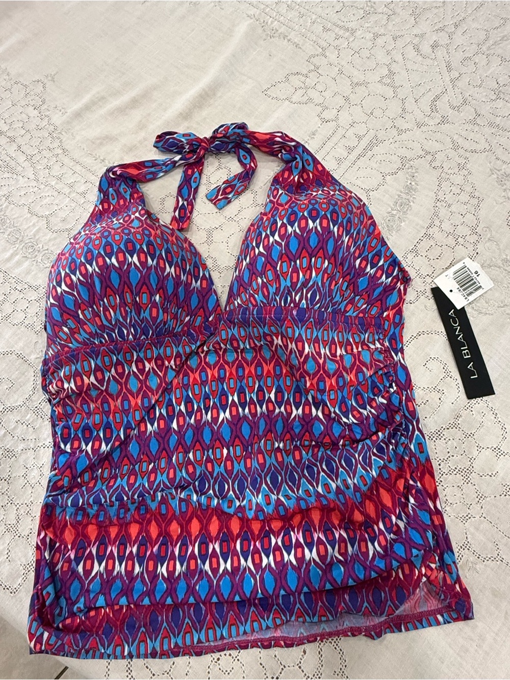 La Blanca Multicolor Halter Tankini Top Size 16 — Red, Blue & Purple Pattern